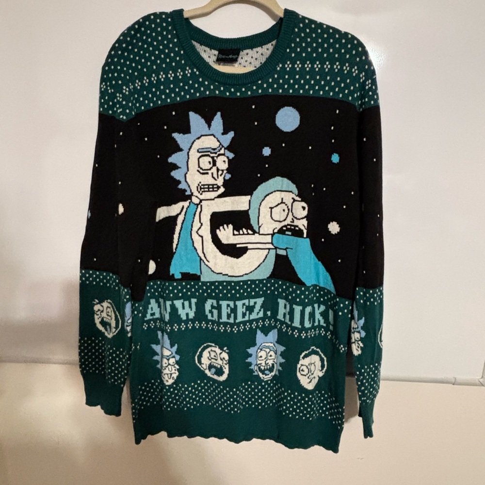 Rick and Morty Christmas Teal and Black Crewneck Sweater